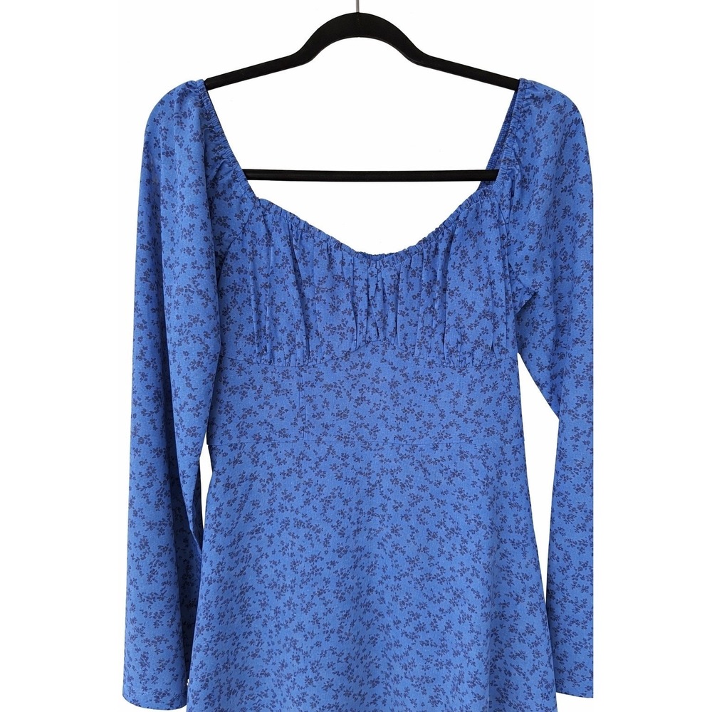 Hollister Blue Floral Mini Dress Medium Smocked Babydoll Puff Sleeve Y2K - Picture 8 of 11